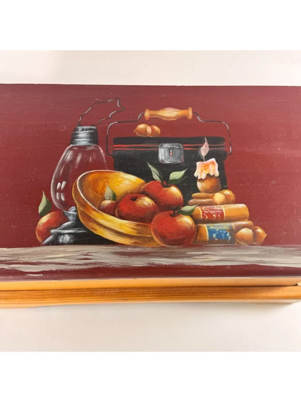 Handcrafted Wooden Bread Box W/ Hinged Lid & Hand Painted Fruit Design 19.5x9.5